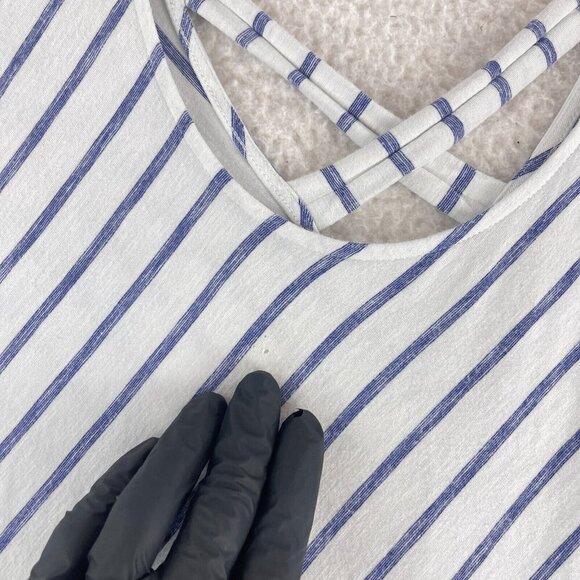 Chico's White Blue Striped Pullover Shirt Womens Stretch Short Sleeve Size Large - Picture 4 of 12